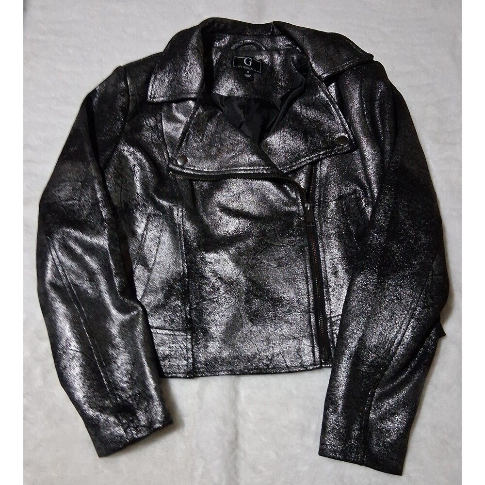 G By Giuliana Metalluc silver & black moto faux suede jacket sz Med.